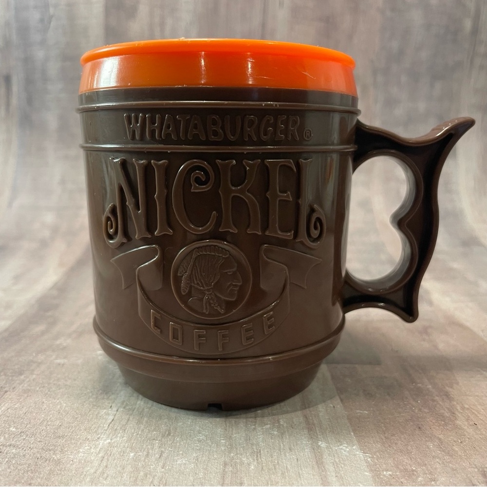 Vintage Whataburger Nickel Coffee Mug, Brown & Orange Plastic Travel Cup  No Lid